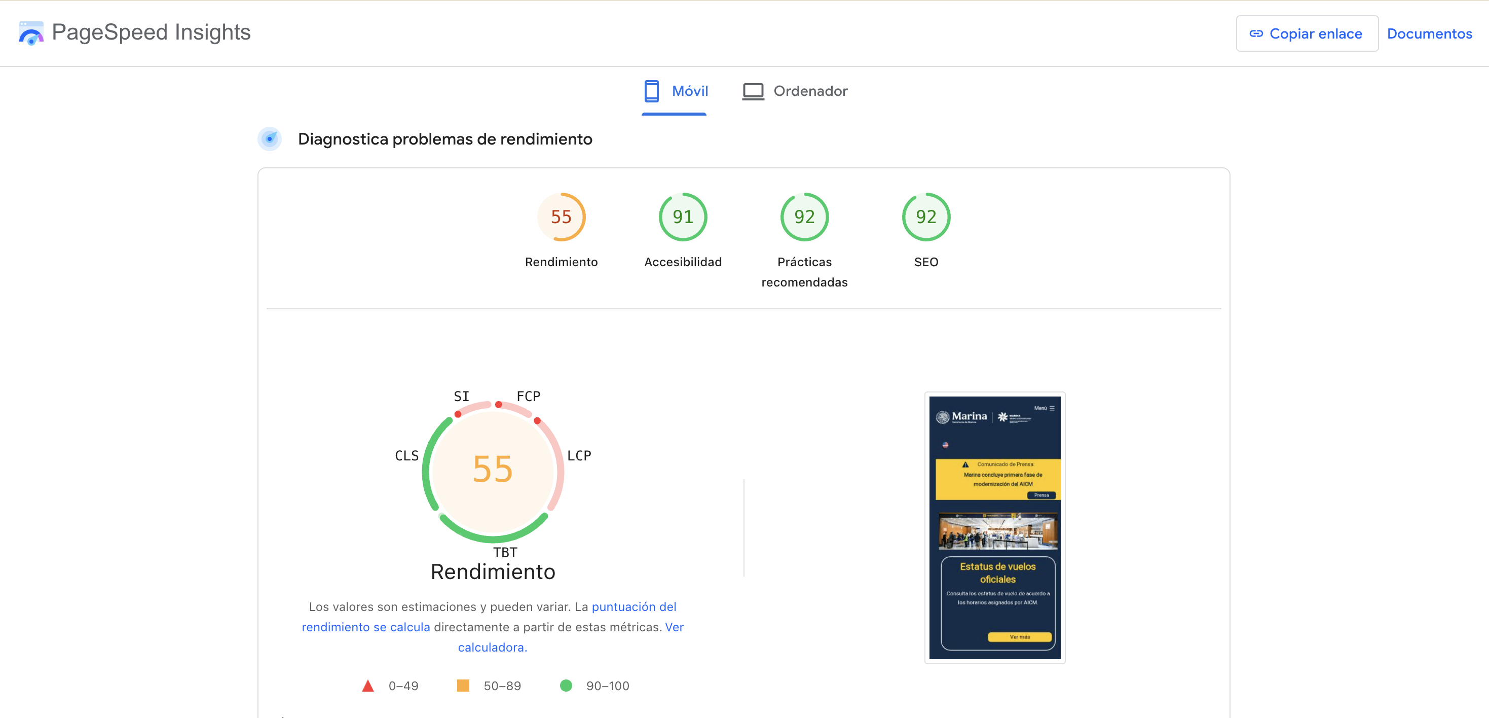 Mobile PageSpeed Insights report showing a performance score of 55 and Core Web Vitals diagnostics