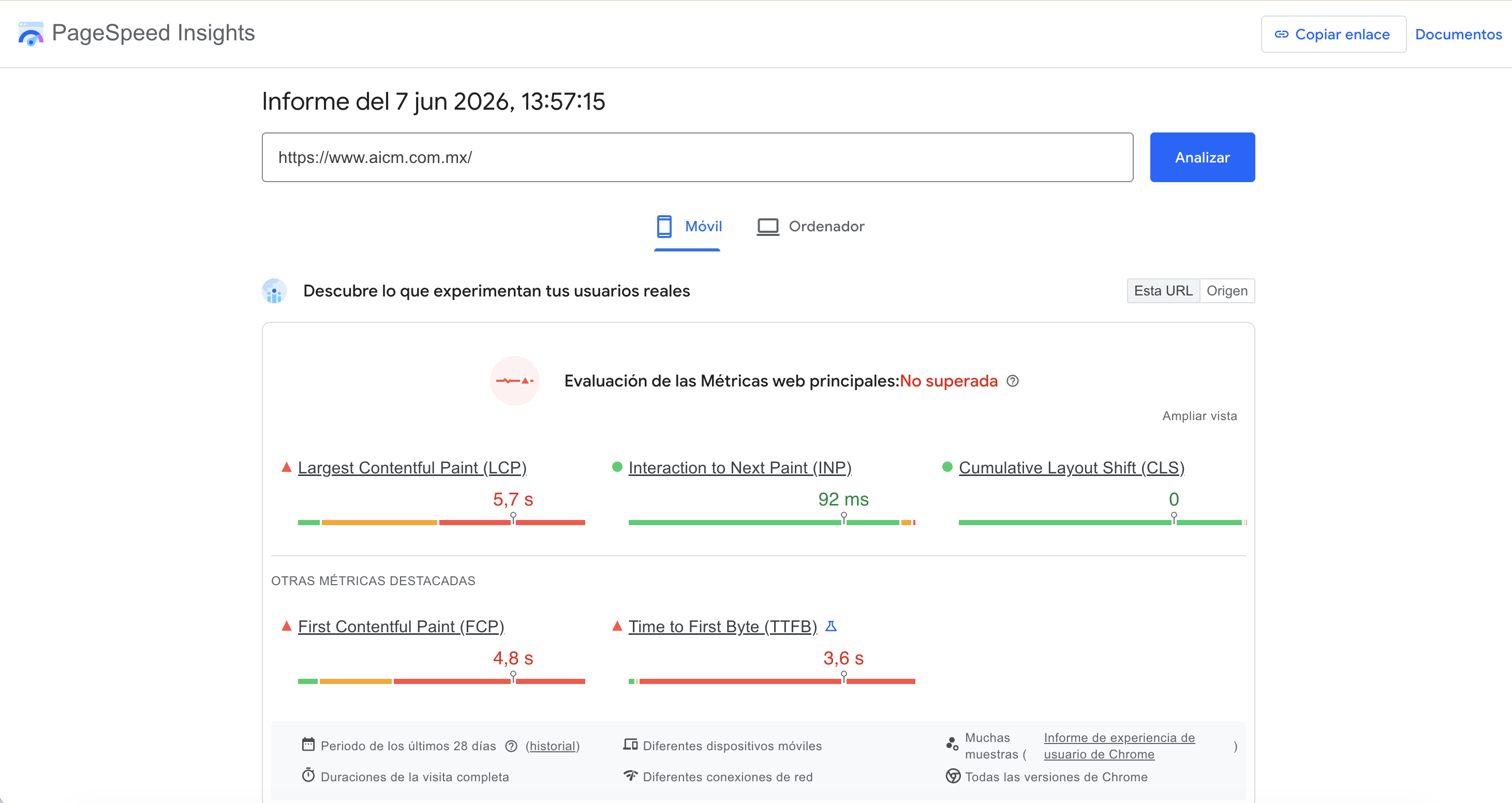 Mobile PageSpeed Insights report showing Core Web Vitals diagnostics