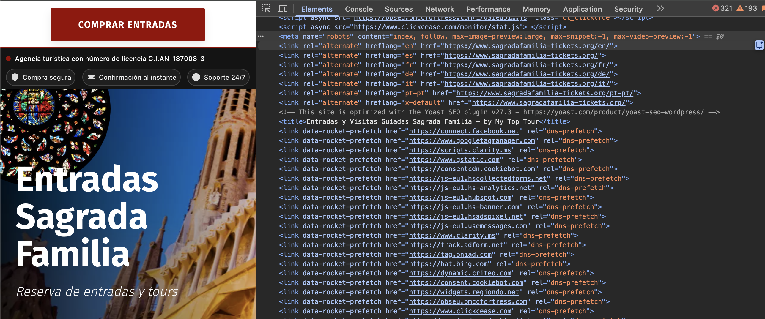 Example of Sagrada Familia's booking page with meta robots tag