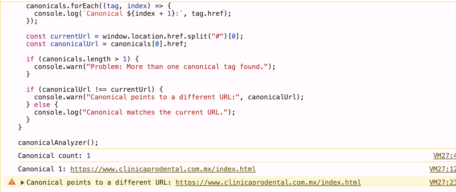Browser console showing the output of a JavaScript canonical tag analyzer