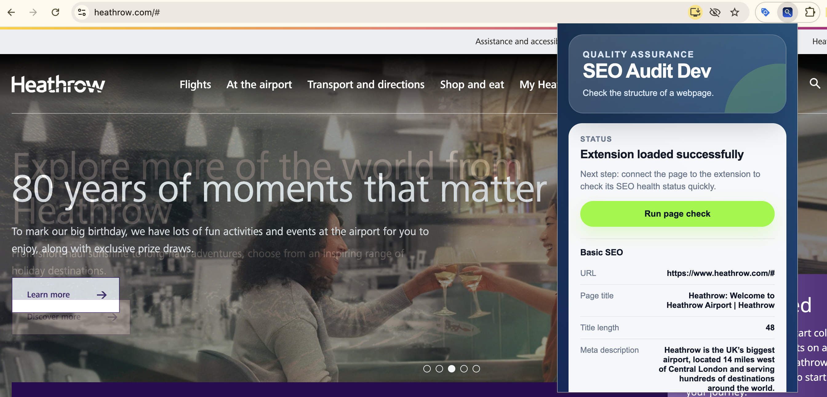 SEO Page Audit Chrome extension showing a basic SEO check on the Heathrow website